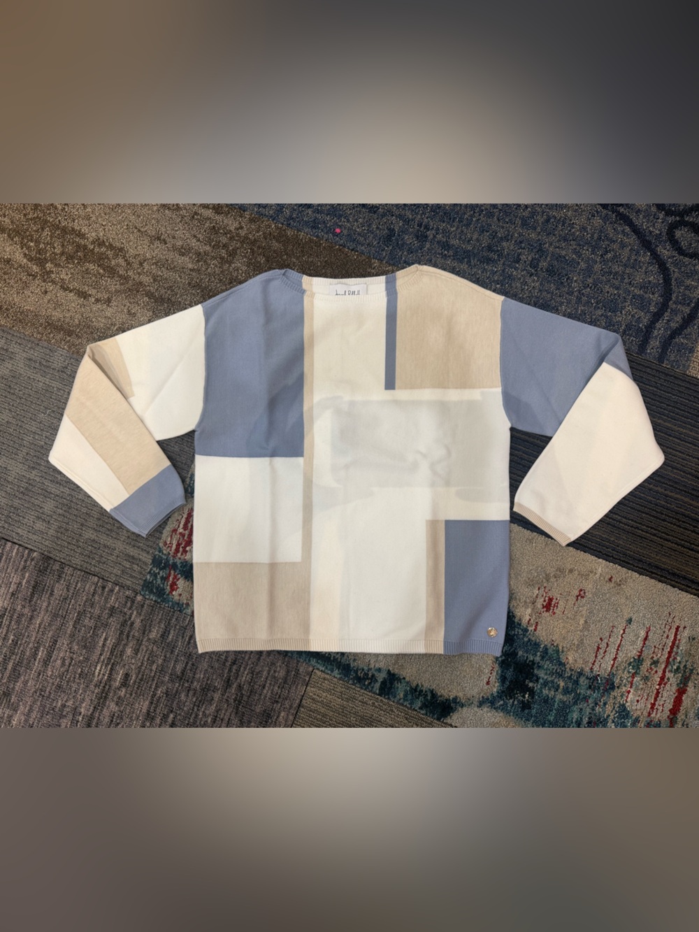 Joseph Ribkoff- 21997 Geometric Colorblock Crewneck Sweater - Light Blue & Cream